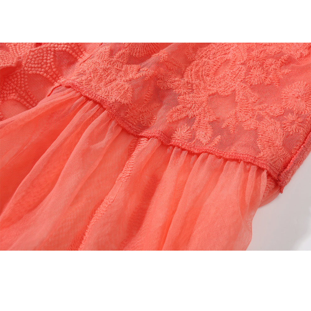 W-04-015 Bright Coral Lace Poncho Boarder Patter Floral Design for Max Feminine Look