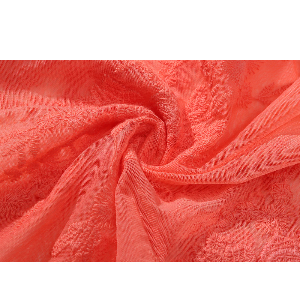 W-04-015 Bright Coral Lace Poncho Boarder Patter Floral Design for Max Feminine Look