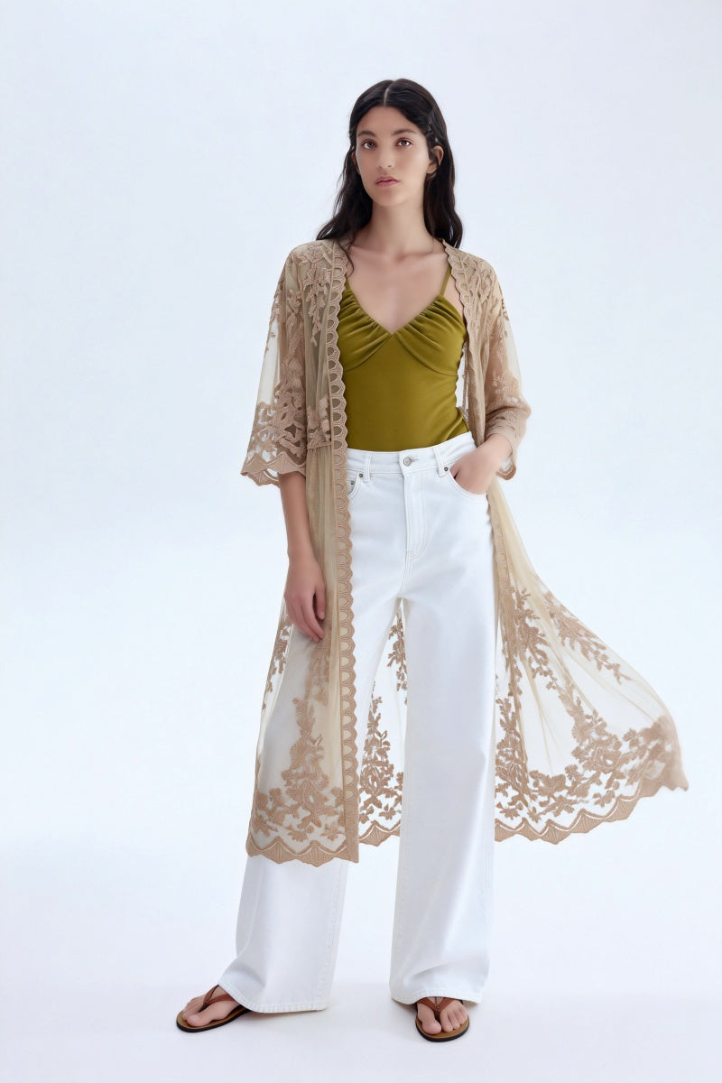 Women’s Floral Lace Longline Poncho – Scalloped Edge Open Front-W-04-015-075Tan