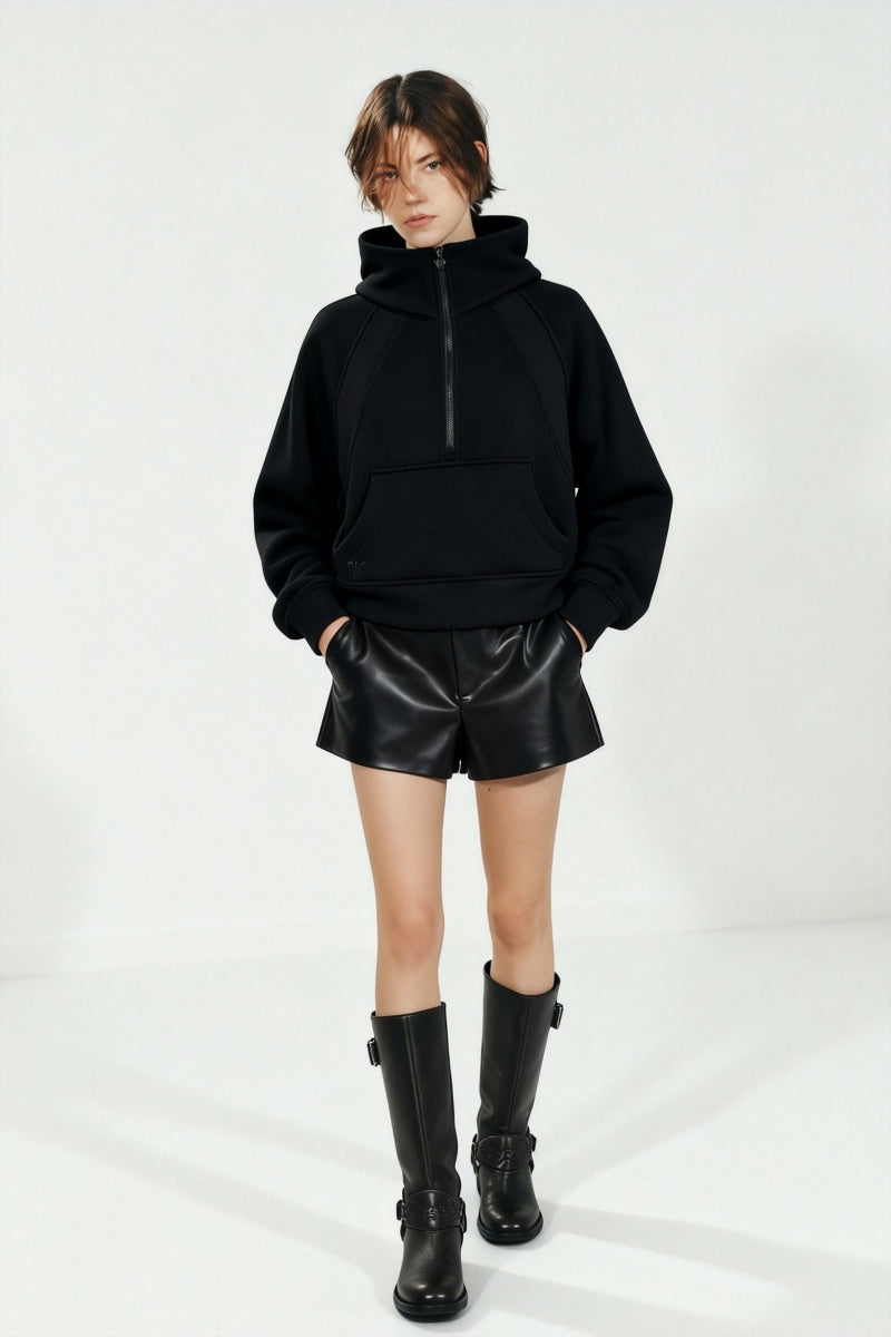 Sudadera corta de polar Cadet clásica negra cepillada con cremallera de un cuarto | W-07-026-010 Negro Azabache