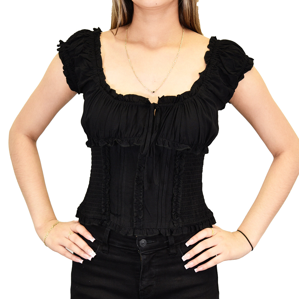 The Dual-Way Smocked Bodice Blouse With Ruffle Edges | 100% Lightweight Rayon|W-08-004-Black