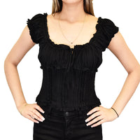 The Dual-Way Smocked Bodice Blouse With Ruffle Edges | 100% Lightweight Rayon|W-08-004-Black