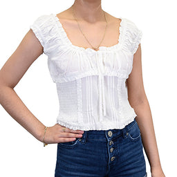 Blusa con corpiño fruncido y volantes en los bordes | 100 % rayón ligero | W-08-004-blanco