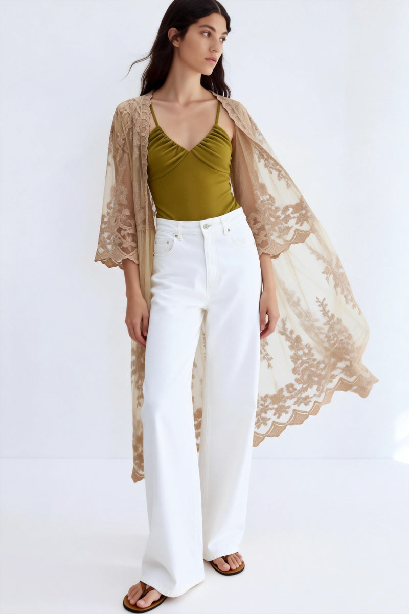 Poncho largo de encaje floral para mujer, con borde festoneado y abertura frontal - W-04-015-075Tan