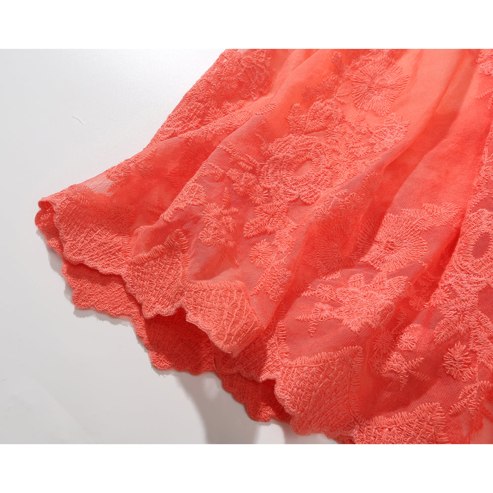 W-04-015 Bright Coral Lace Poncho Boarder Patter Floral Design for Max Feminine Look