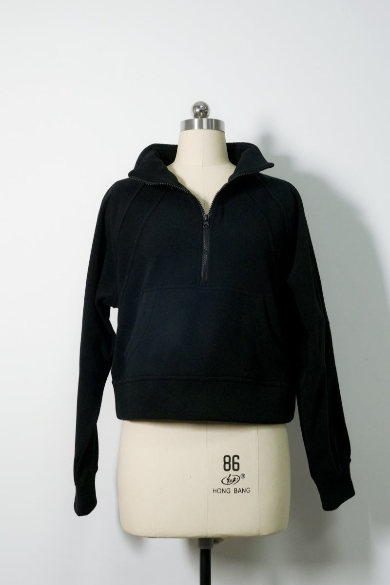 Classic Black Lush Anti-piling Fleece Quarter-Zip | Cropped Fleece Pullover-W-06-005-010 Black
