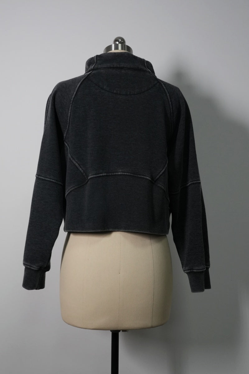 Vintage-Wash Cadet Quarter-Zip | Cropped Fleece Pullover-W-07-026-011 Washed Black