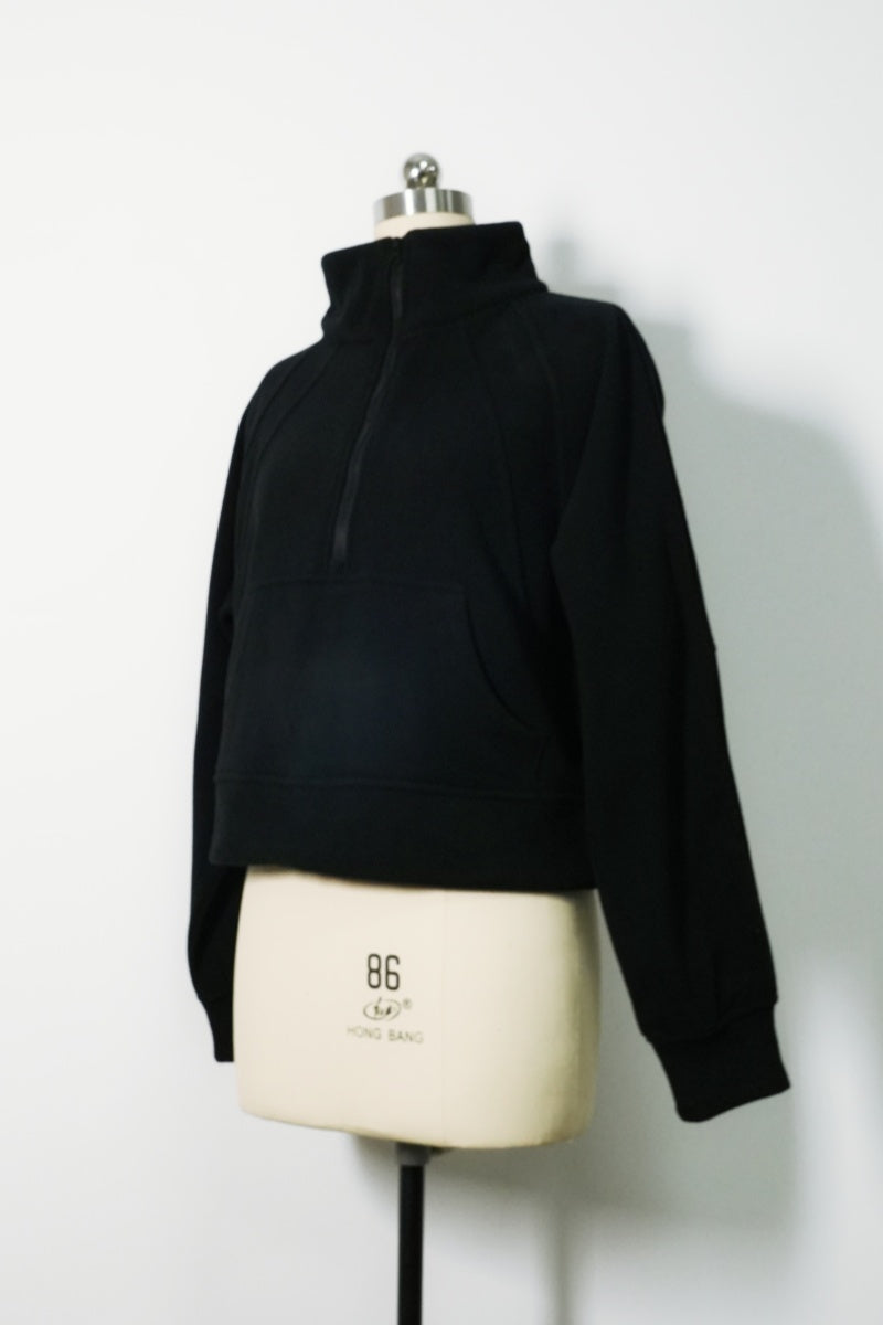 Classic Black Lush Anti-piling Fleece Quarter-Zip | Cropped Fleece Pullover-W-06-005-010 Black