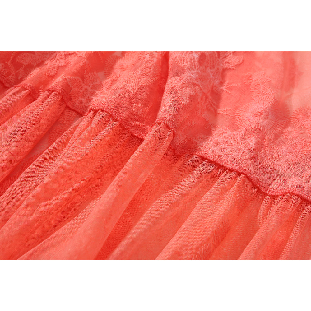 W-04-015 Bright Coral Lace Poncho Boarder Patter Floral Design for Max Feminine Look