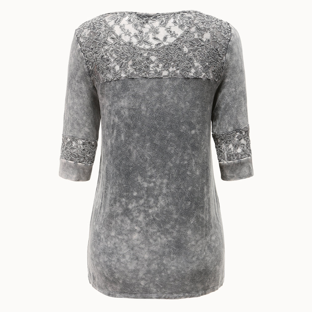 Women's lace-spliced washed cotton mid-sleeve shirt