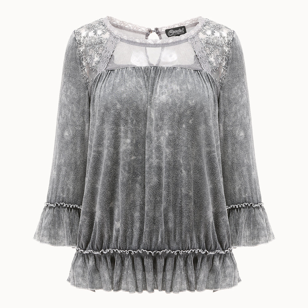 Women's lace-trimmed washed cotton mid-sleeve shirt