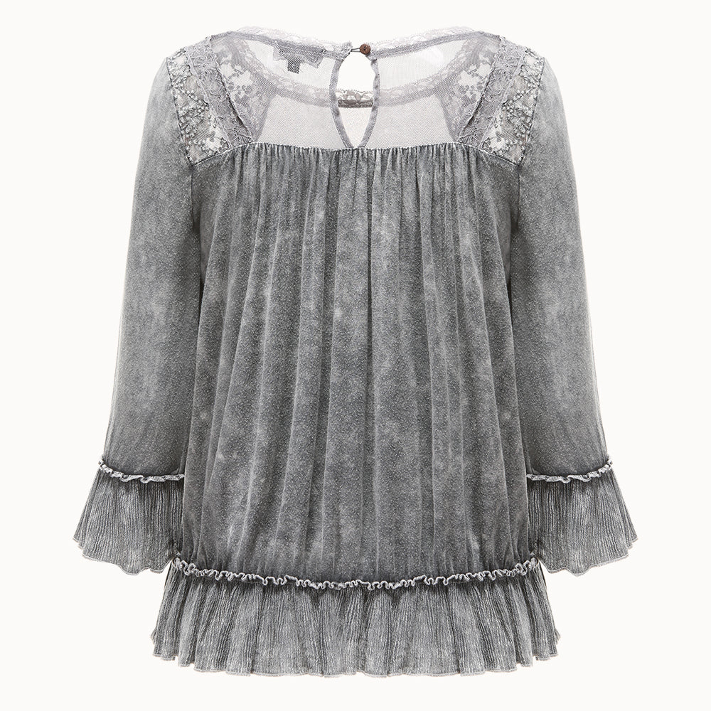 Women's lace-trimmed washed cotton mid-sleeve shirt