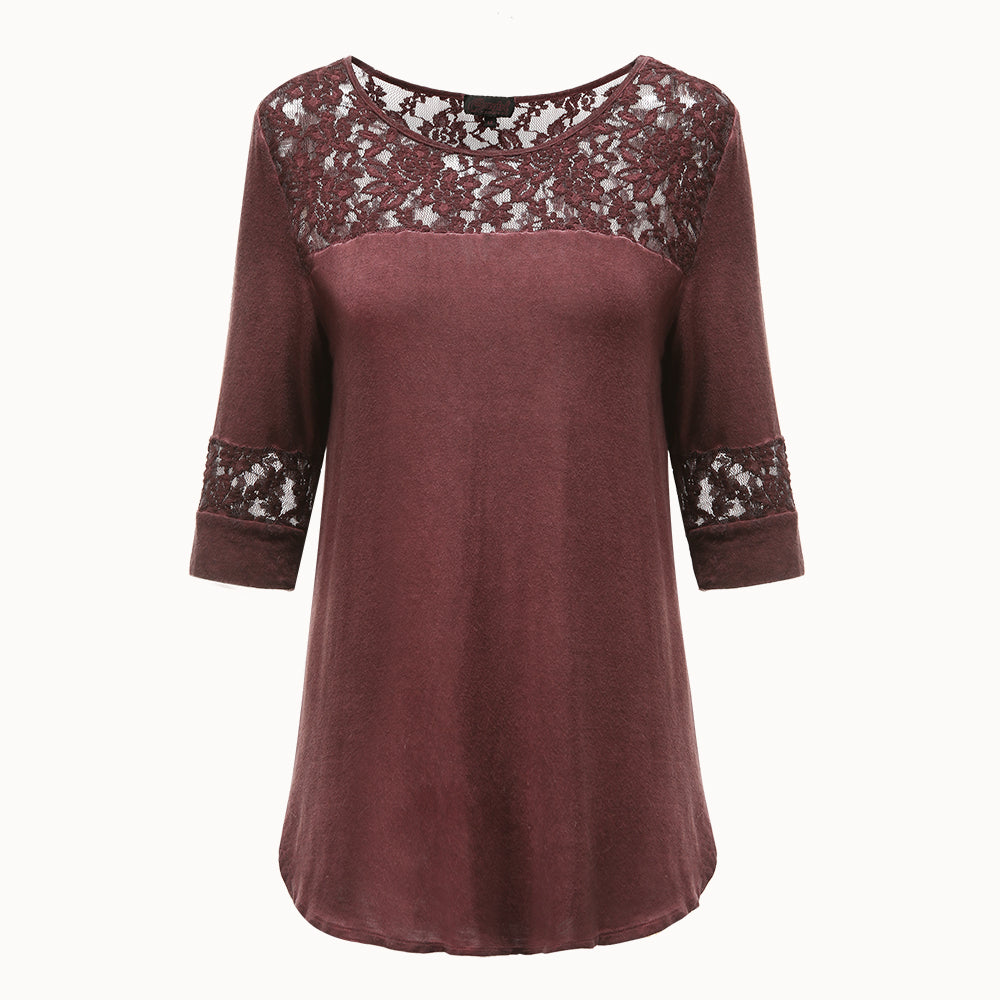 Garment Washed Scoop Neck T-shirt with Lace Yoke