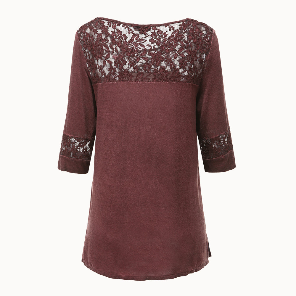 Women's lace-spliced washed cotton mid-sleeve shirt