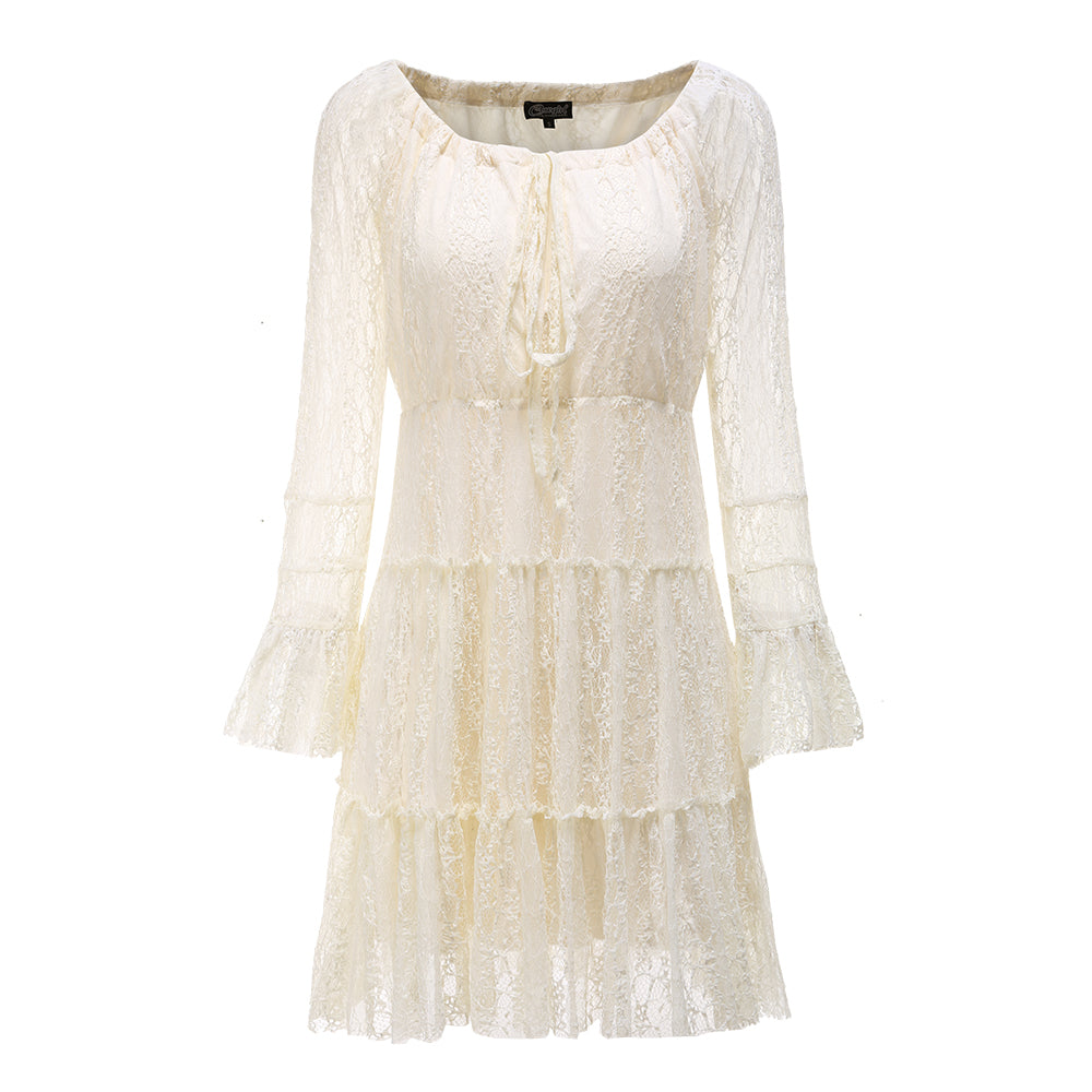 Women's round-neck long-sleeve lace ribbon-tied dress