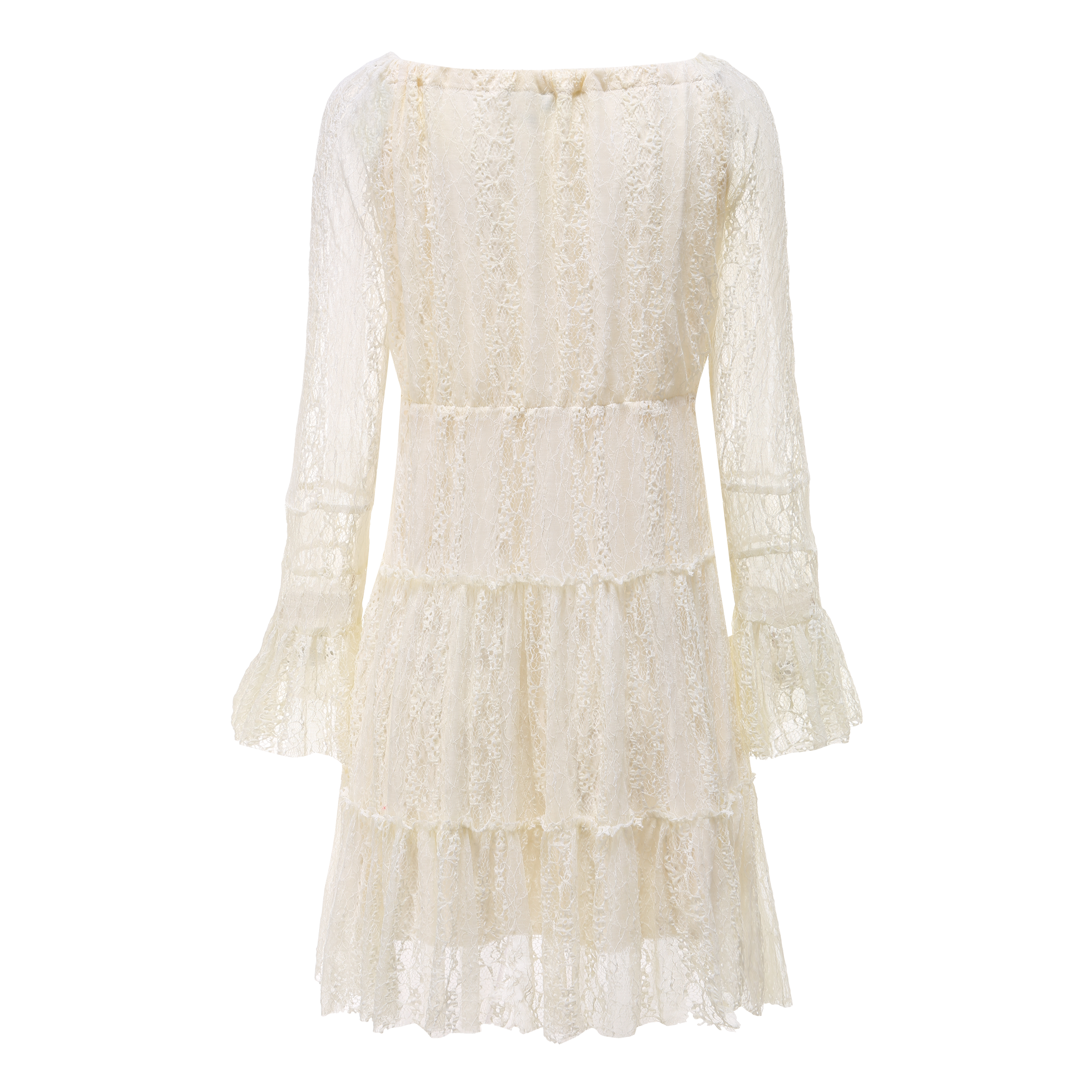 Women's round-neck long-sleeve lace ribbon-tied dress