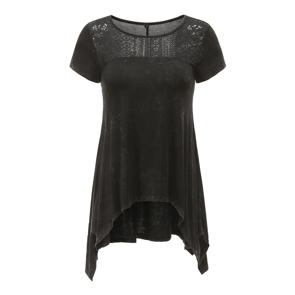 Women's lace-patchwork washed-cotton distressed short-sleeve dress