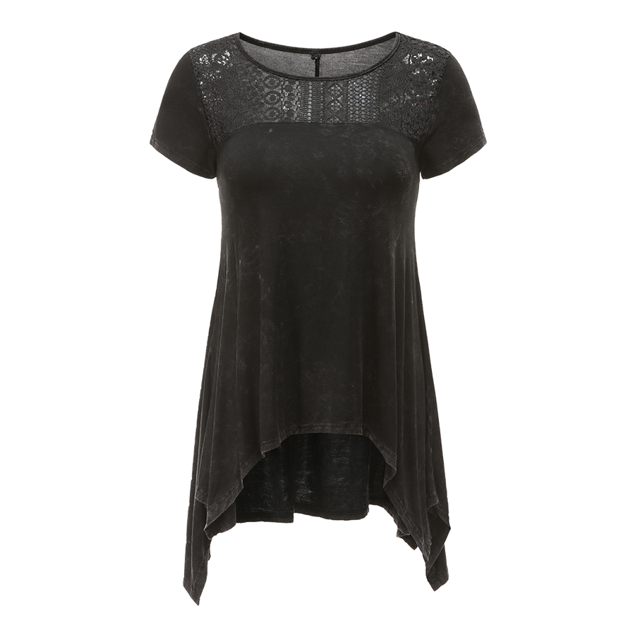 Women's lace-patchwork washed-cotton distressed short-sleeve dress