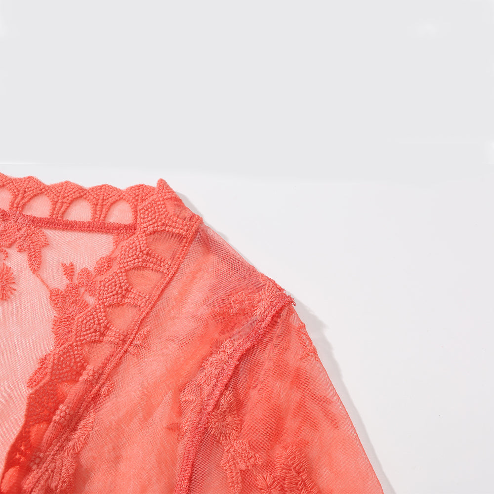 W-04-015 Bright Coral Lace Poncho Boarder Patter Floral Design for Max Feminine Look