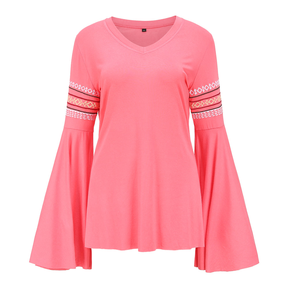 Women's embroidered ruffle edge long sleeved T-shirt
