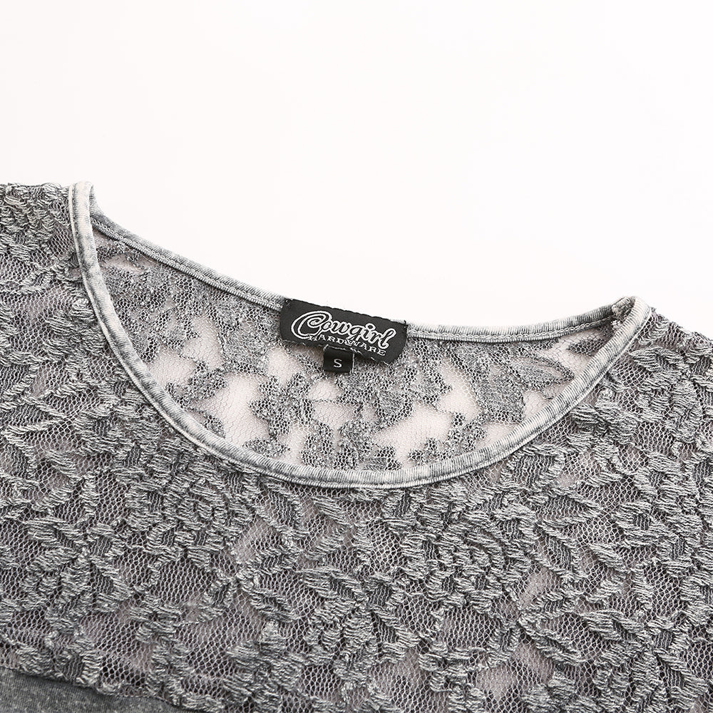 Women's lace-spliced washed cotton mid-sleeve shirt