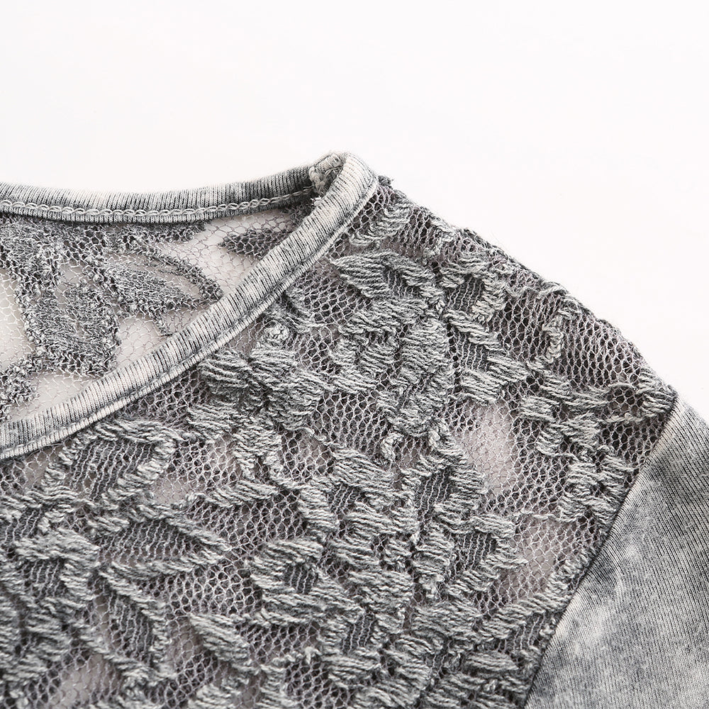 Women's lace-spliced washed cotton mid-sleeve shirt