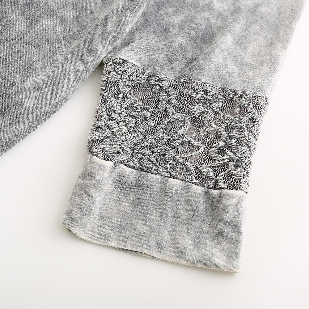 Women's lace-spliced washed cotton mid-sleeve shirt