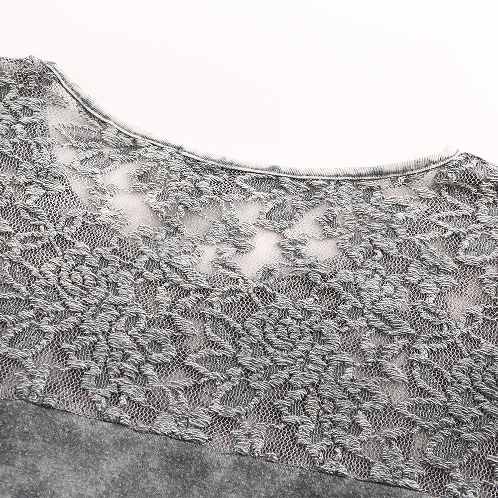 Women's lace-spliced washed cotton mid-sleeve shirt