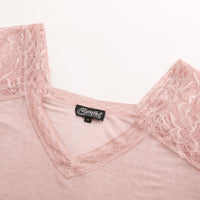 Elegante blusa de encaje con escote en V, prenda lavada, top femenino