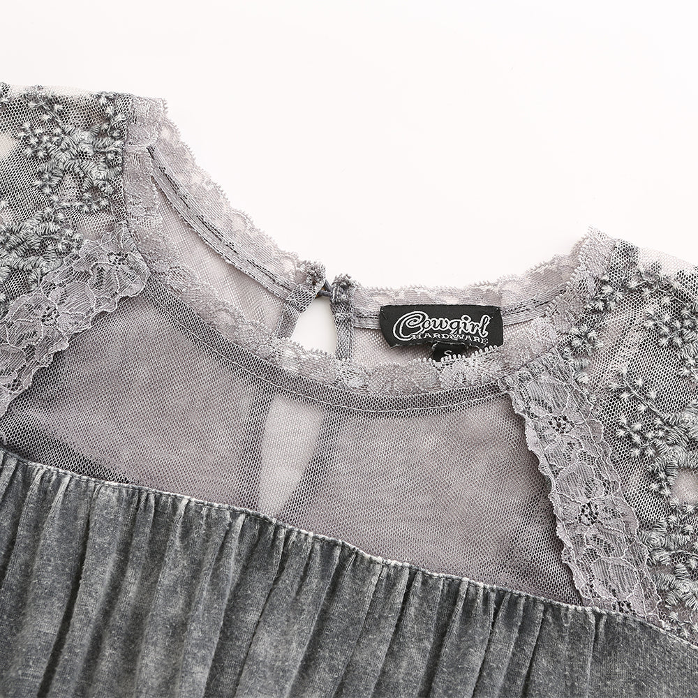 Women's lace-trimmed washed cotton mid-sleeve shirt