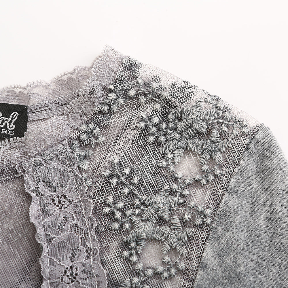 Women's lace-trimmed washed cotton mid-sleeve shirt