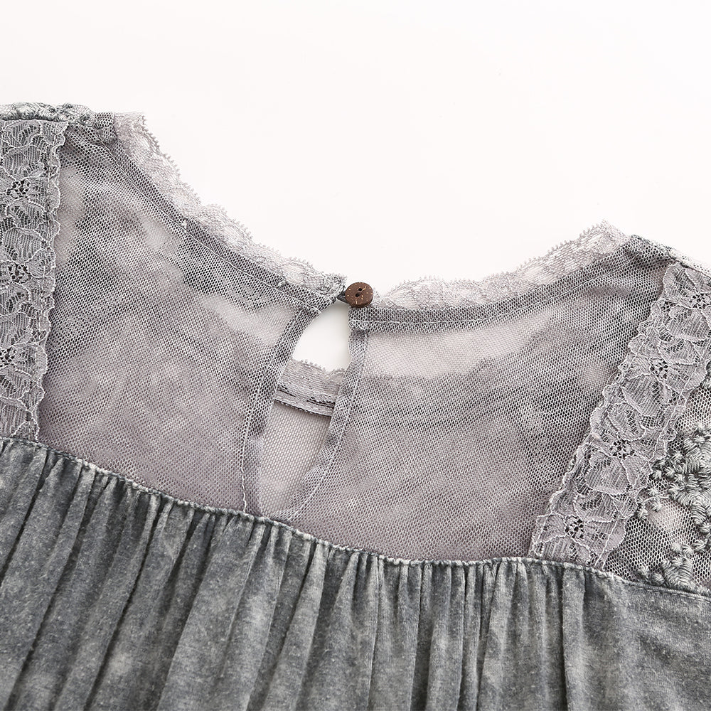 Women's lace-trimmed washed cotton mid-sleeve shirt