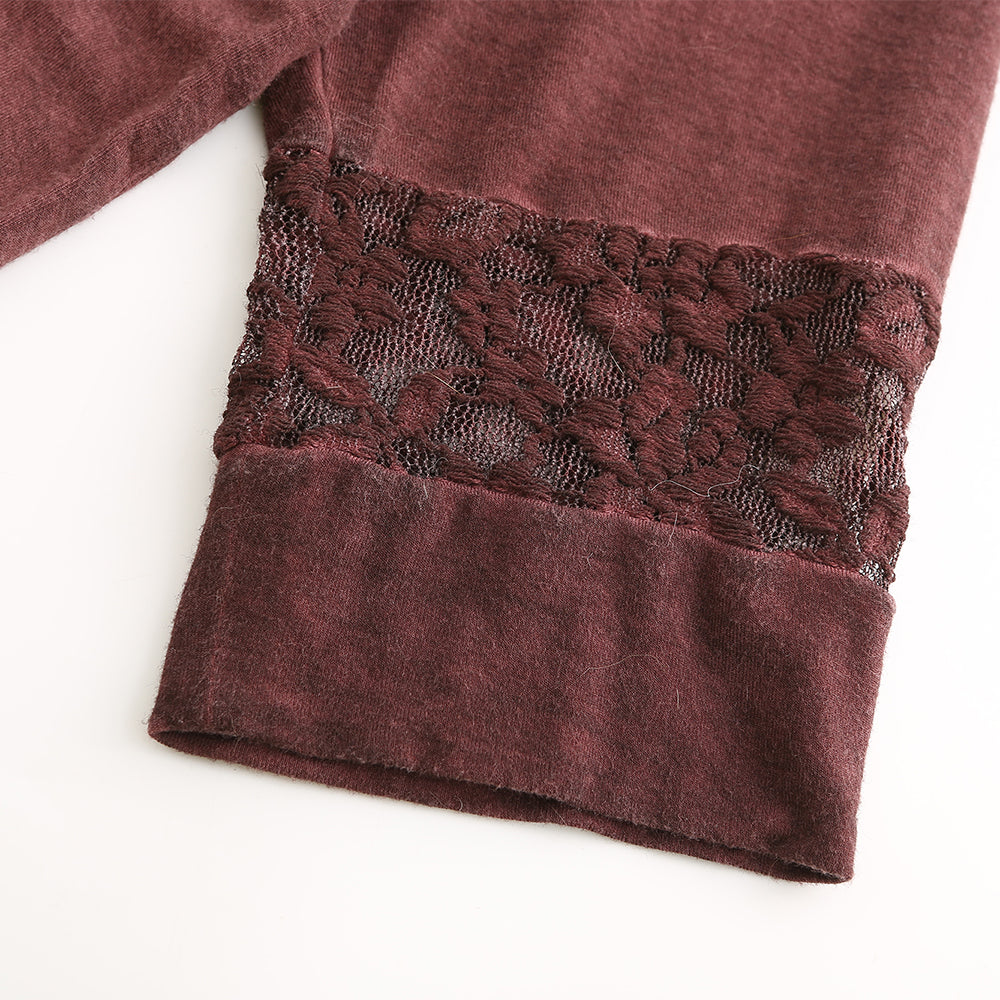 Women's lace-spliced washed cotton mid-sleeve shirt