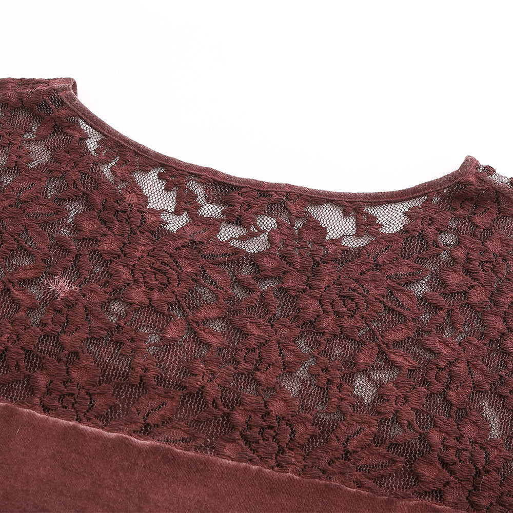 Women's lace-spliced washed cotton mid-sleeve shirt