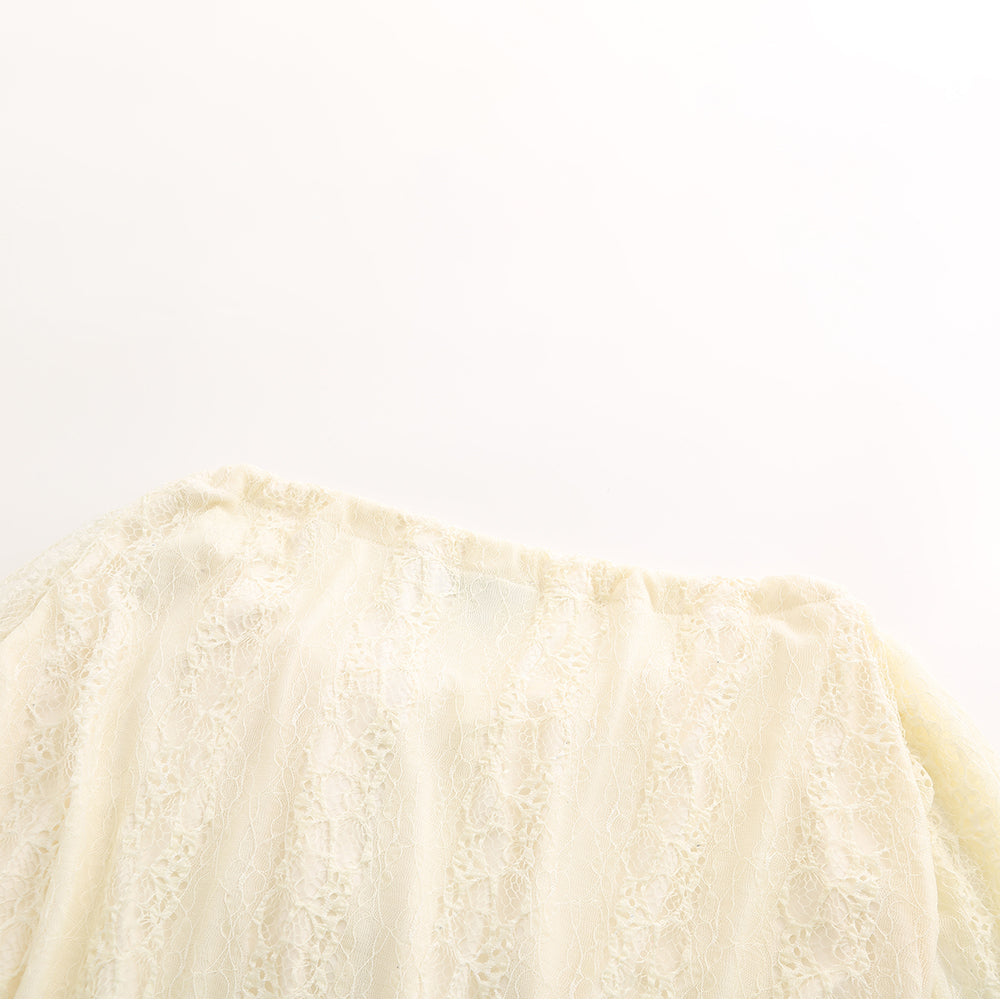 Women's round-neck long-sleeve lace ribbon-tied dress