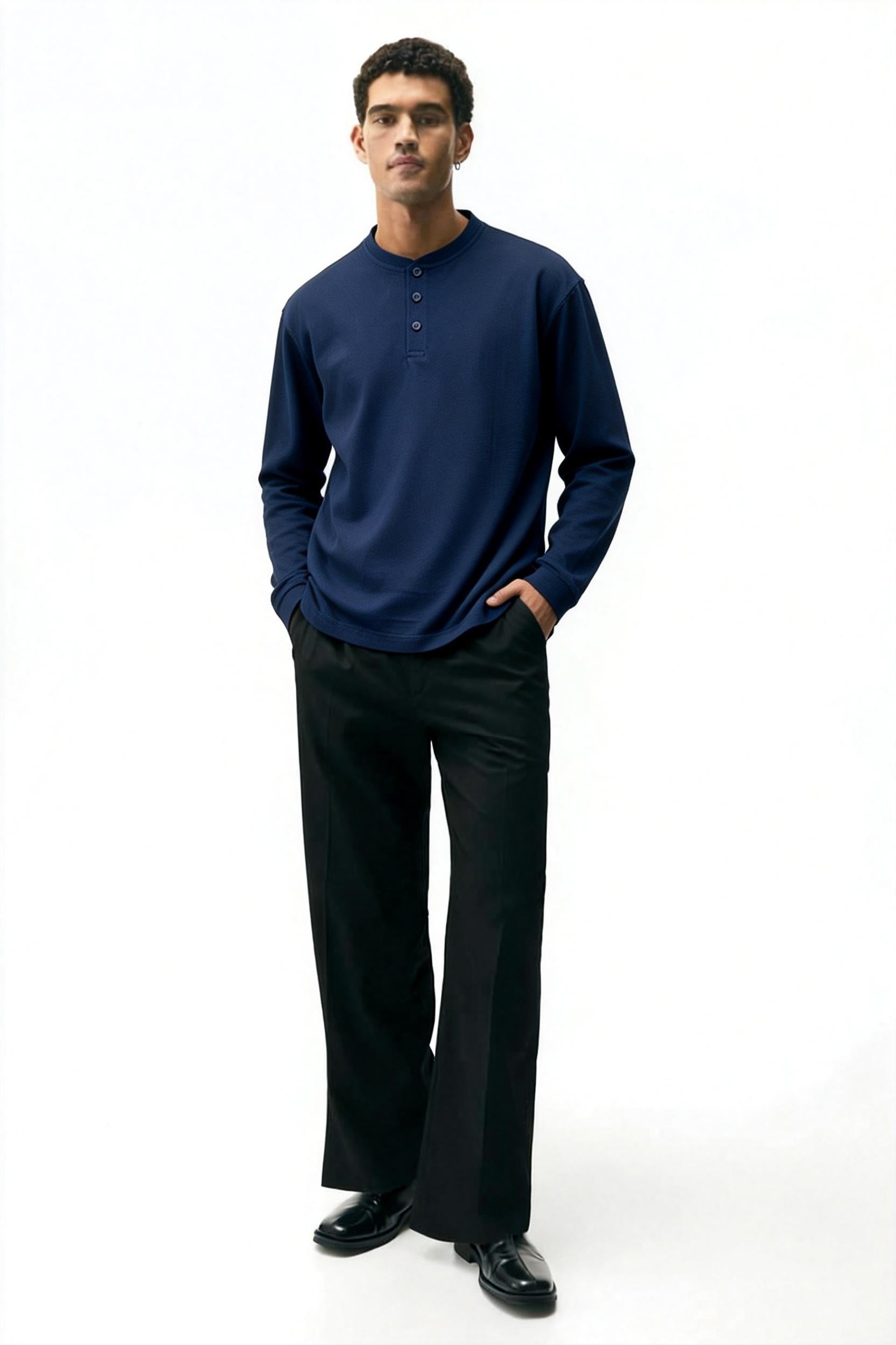 Camiseta Henley de manga larga para hombre | Mezcla de algodón 70% | 240 g/m² M-01-004 Azul marino