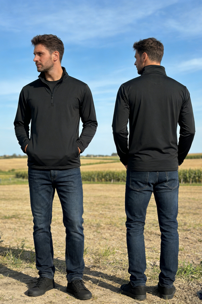 Suéter deportivo con cremallera de 1/4 para hombre | Protección UV 50+ | Ajuste seco - M-01-008 - Negro azabache