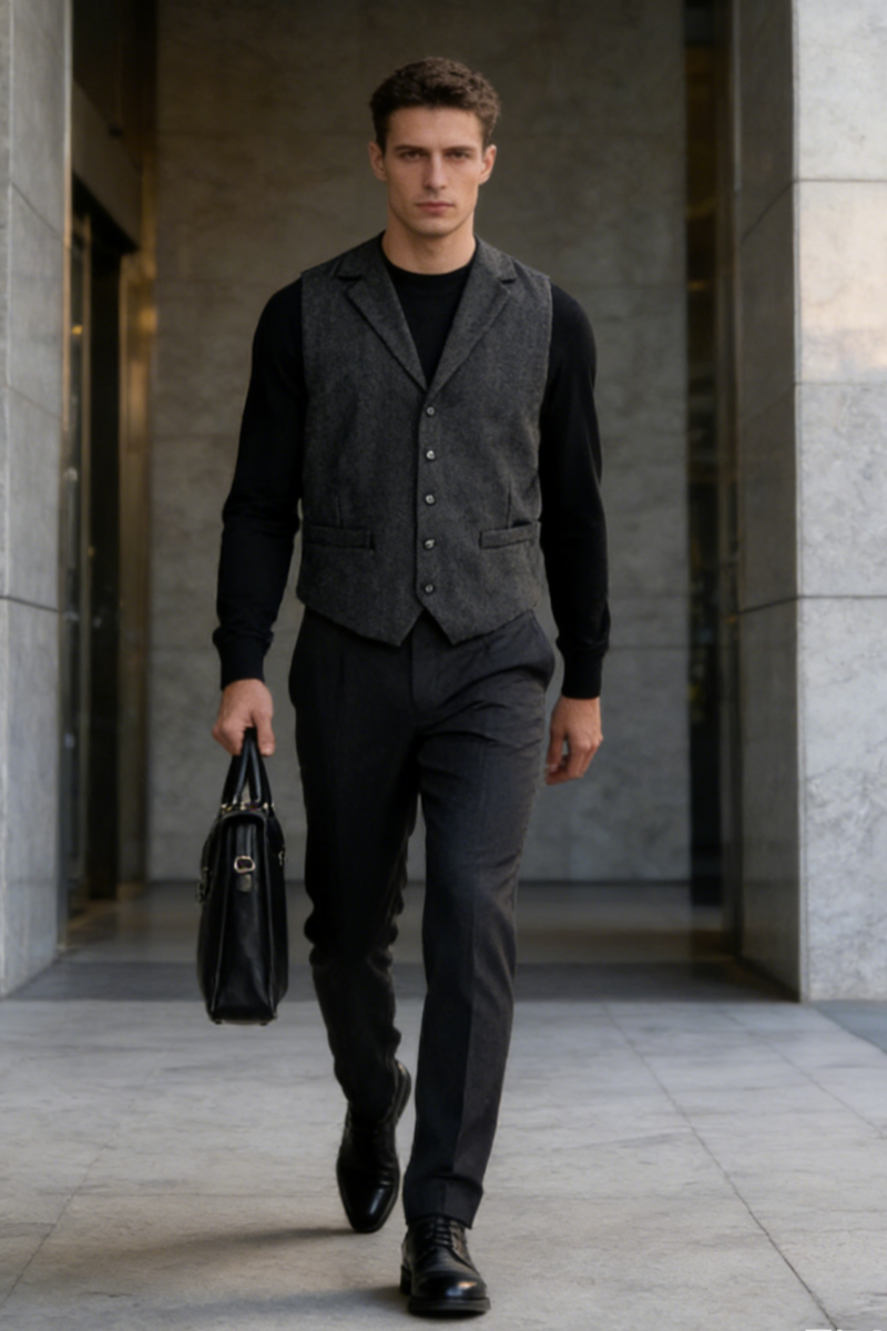 Men's Classic Herringbone Wool Vest|M-02-001 Charcoal, Dark Choc, Navy