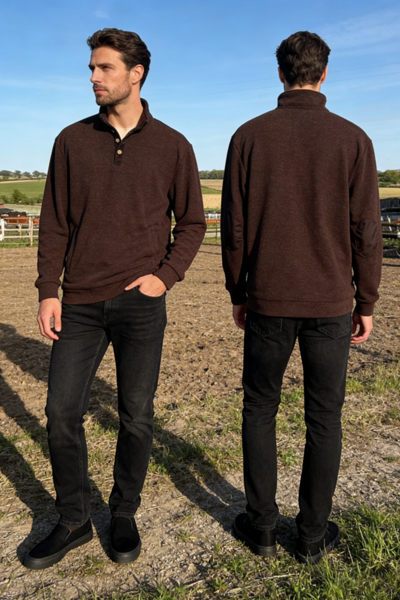 Men's quarter-button mid-collar shirt M-10-001 Black,Dark Choc