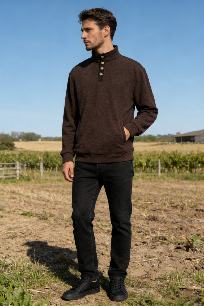 Men's quarter-button mid-collar shirt M-10-001 Black,Dark Choc