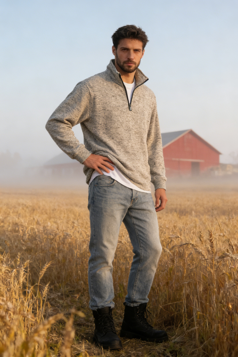 Suéter polar con cremallera de 1/4 para hombre, poliéster jaspeado de 300 g/m², cuello alto y bolsillos laterales, M-10-002, color avena