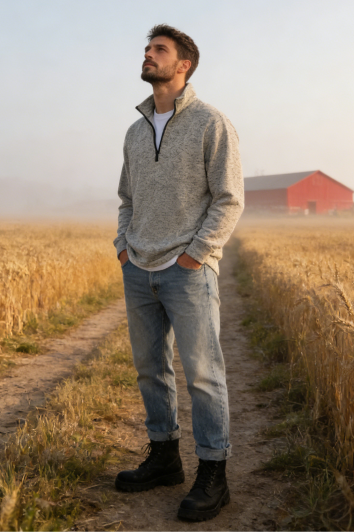 Men’s 1/4 Zip Fleece Pullover – 300GSM Speckle Polyester, Stand Collar,Hip Pockets-M-10-002-Oatmeal