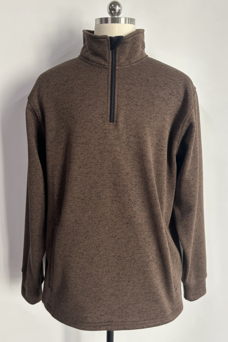 Suéter polar con cremallera de 1/4 para hombre, poliéster moteado de 300 g/m², cuello alto y bolsillos laterales, M-10-002, color chocolate oscuro