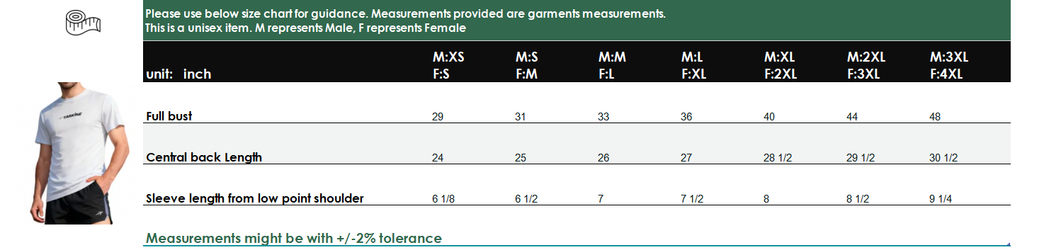Measurement chart for clothing sizes with a person wearing a white shirt and black pants.