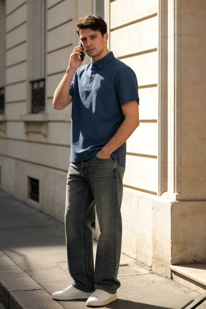 Performance Waffle Textured Heat-seamed Poloshirt Ideal for Golf Shirt or Activewear U-01-005 White,Denim