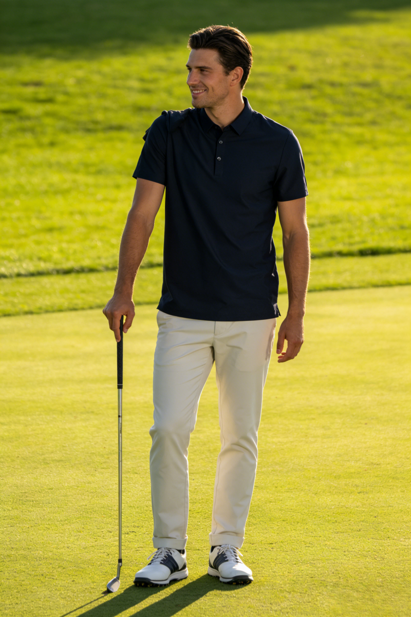 Polo unisex de piqué de alto rendimiento con costuras térmicas. Ideal para golf o ropa deportiva. M-01-007 Azul marino