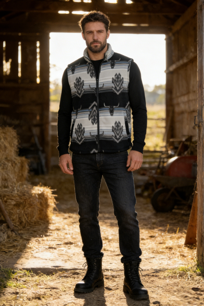 Lushest Fleece Vest|Full Front Zip|Welt Hip Pockets|W-06-002 Black/Red print, Black/Blue print, Dark Choc/Tan print