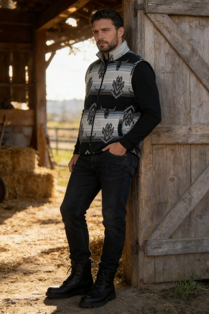 Lushest Fleece Vest|Full Front Zip|Welt Hip Pockets|W-06-002 Black/Red print, Black/Blue print, Dark Choc/Tan print