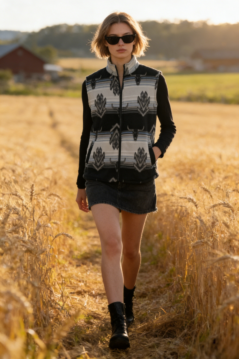 Lushest Fleece Vest|Full Front Zip|Welt Hip Pockets|W-06-002 Black/Red print, Black/Blue print, Dark Choc/Tan print