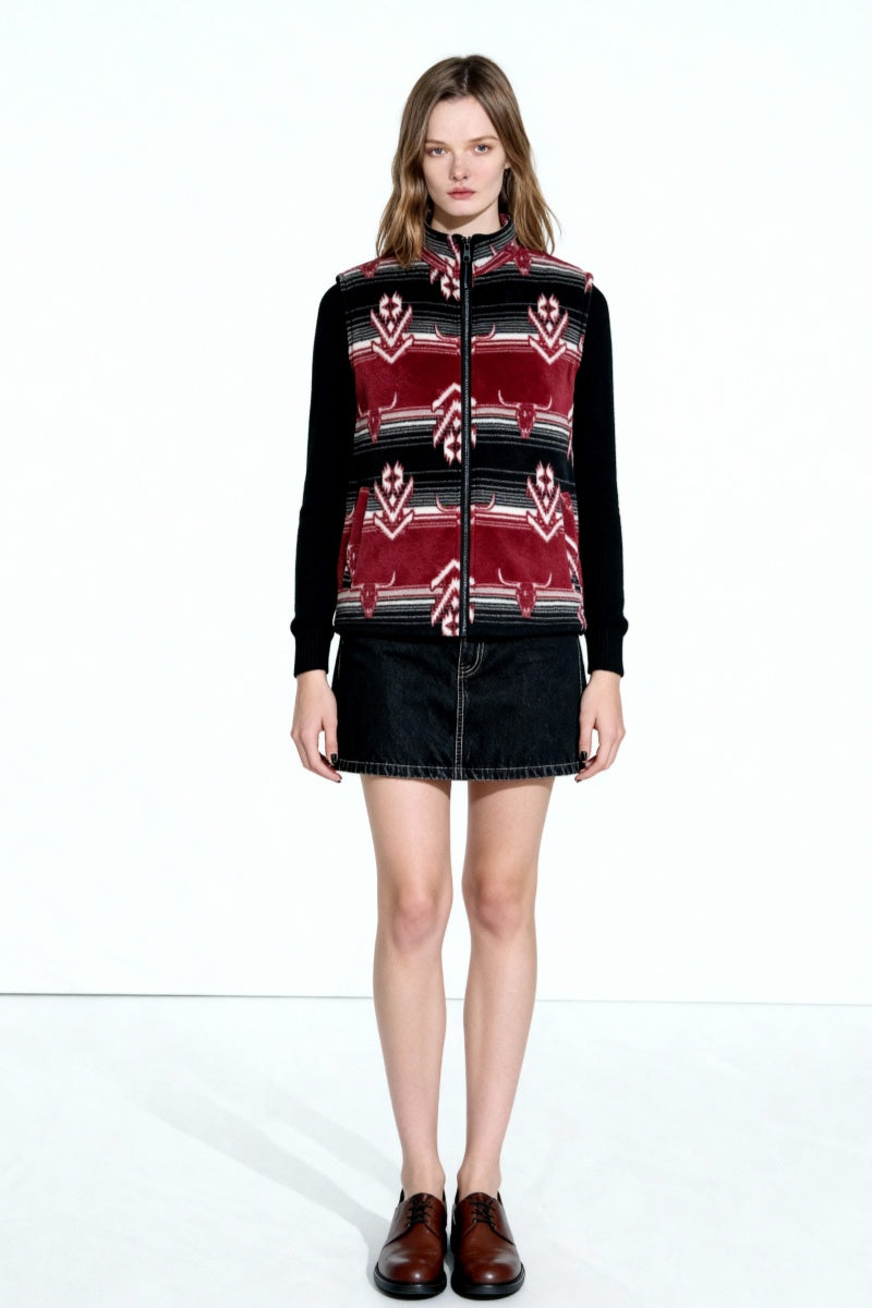 Chaleco polar Lushest | Cremallera frontal completa | Bolsillos de ribete en la cadera | W-06-002-Negro-Rojo